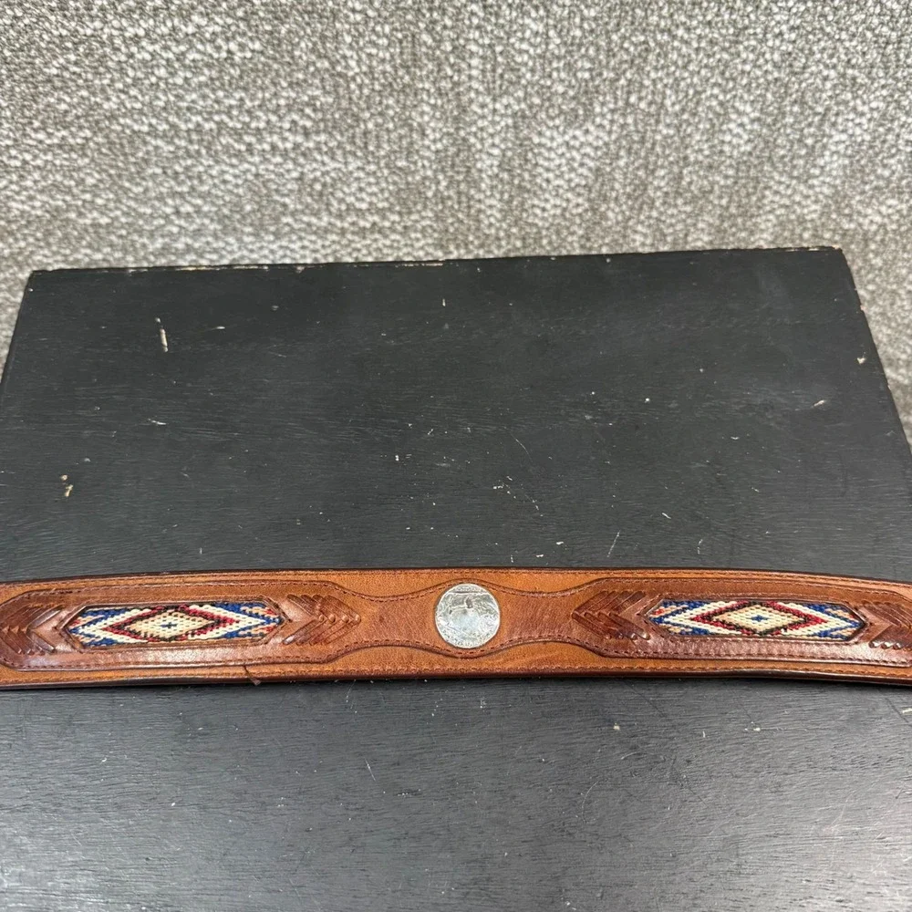 Orvis Buffalo Nickel Woven Inlay Leather Belt Mens 32 Brown Western Cowboy Boho